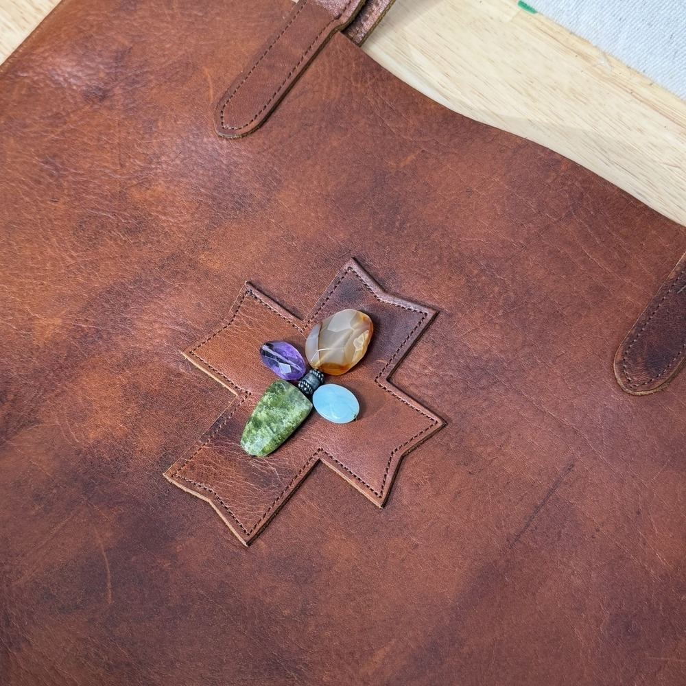 Two Bar West Leather Tote Bag Brown Southwestern Cross Stone Boho Western Purse - Picture 3 of 16